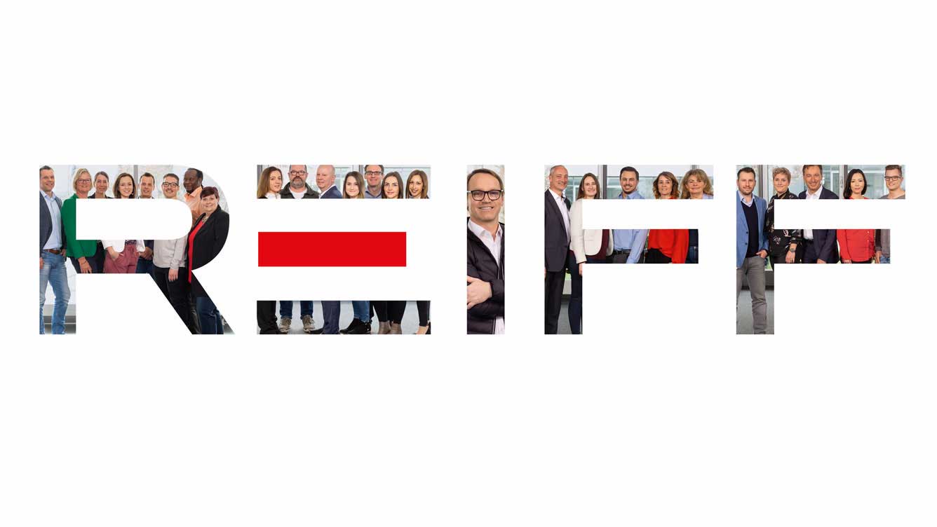 Kampagnen Grafik, REIFF Logo mit Mitarbeitern von REIFF Technische Produkte als Buchstaben