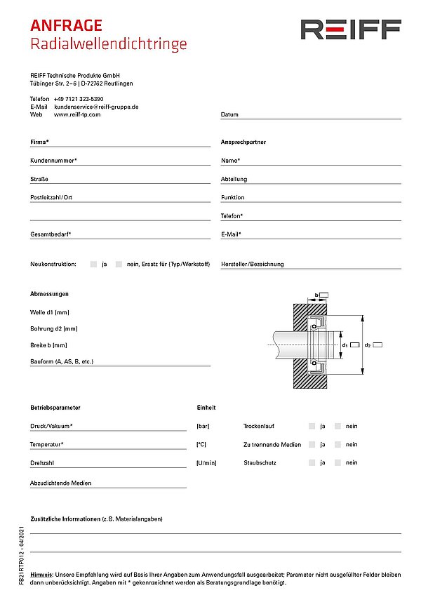 Ansicht Anfrageformular Radialwellendichtringe REIFF Technische Produkte