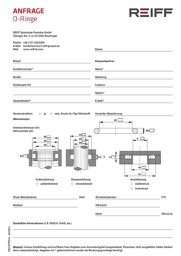 Ansicht Anfrageformular O-Ring Dichtungen REIFF Technische Produkte