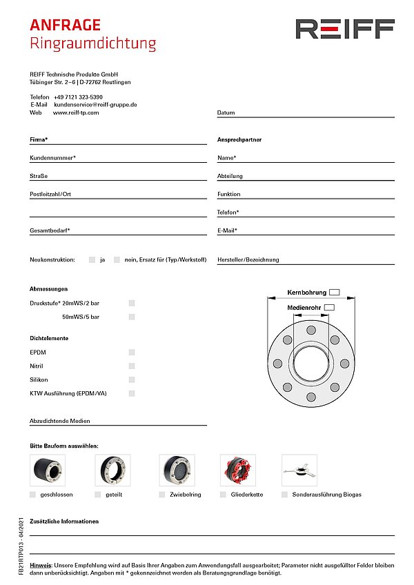 Ansicht Anfrageformular Ringraumdichtung REIFF Technische Produkte