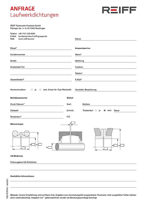 Ansicht Anfrageformular Laufwerkdichtungen REIFF Technische Produkte